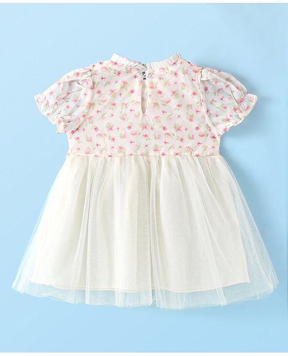 Babyhug Half Sleeves Frock with Floral Print & Embroidery - Off White