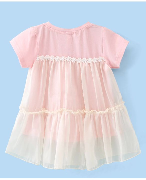 Babyhug Half Sleeves Party Frock with Floral Lace Detailing - Peach