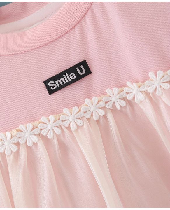 Babyhug Half Sleeves Party Frock with Floral Lace Detailing - Peach
