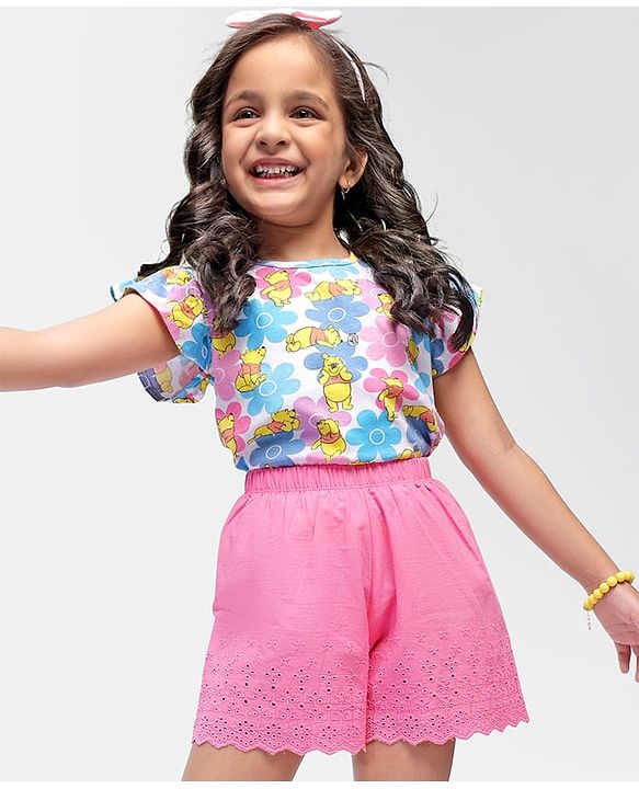Babyhug Disney Single Jersey Knit Half Sleeves Top & Shorts Set with Floral & Winnie The Pooh Print - Multicolour