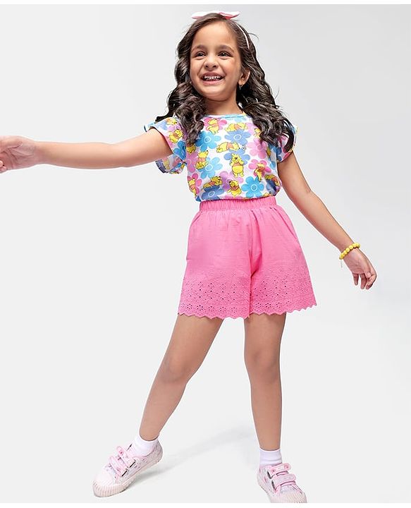 Babyhug Disney Single Jersey Knit Half Sleeves Top & Shorts Set with Floral & Winnie The Pooh Print - Multicolour