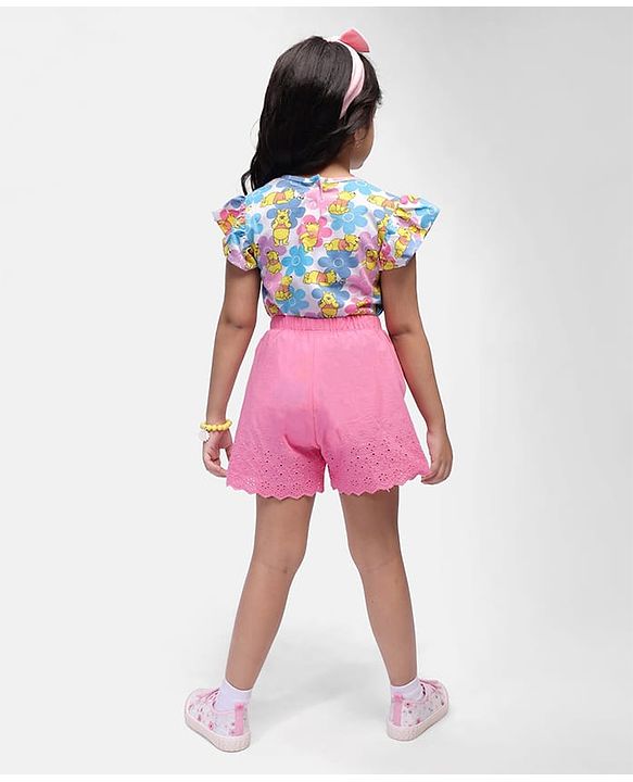 Babyhug Disney Single Jersey Knit Half Sleeves Top & Shorts Set with Floral & Winnie The Pooh Print - Multicolour