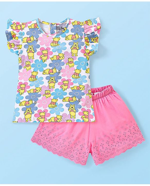 Babyhug Disney Single Jersey Knit Half Sleeves Top & Shorts Set with Floral & Winnie The Pooh Print - Multicolour