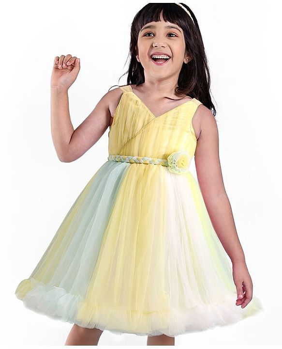 Babyhug Woven   Sleeveless Fit & Flared  Party Frock with Floral Corsage - Multicolour