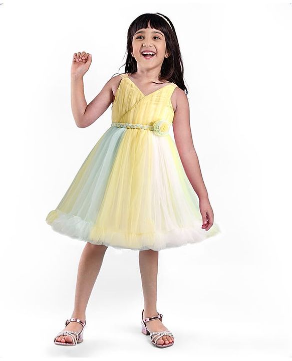 Babyhug Woven   Sleeveless Fit & Flared  Party Frock with Floral Corsage - Multicolour