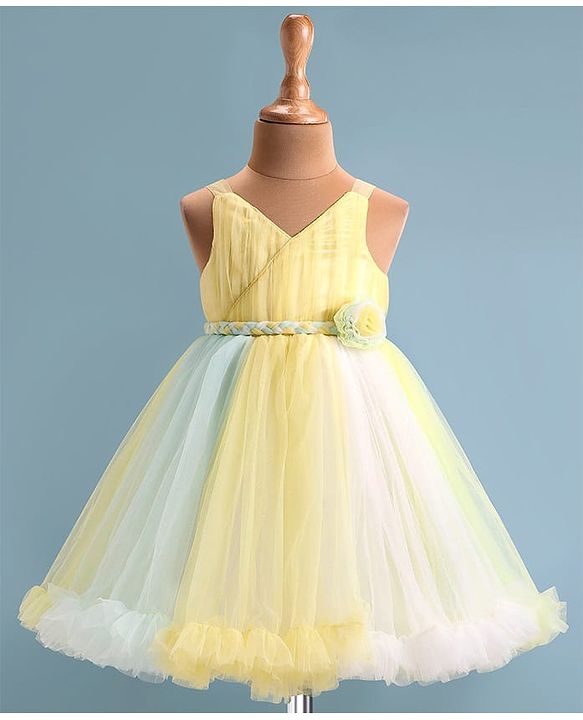 Babyhug Woven   Sleeveless Fit & Flared  Party Frock with Floral Corsage - Multicolour