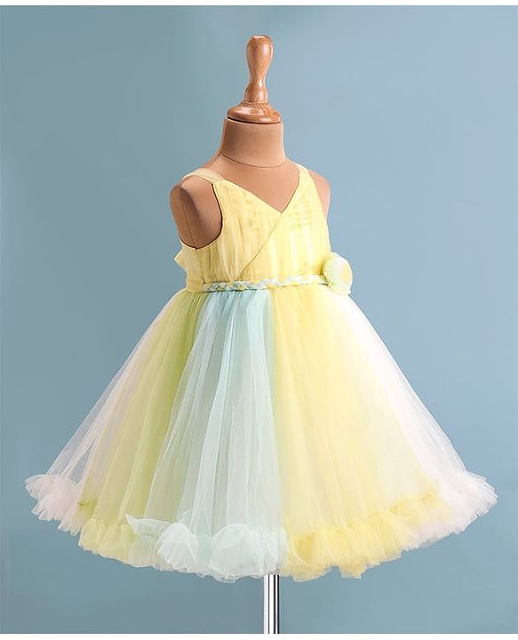 Babyhug Woven   Sleeveless Fit & Flared  Party Frock with Floral Corsage - Multicolour