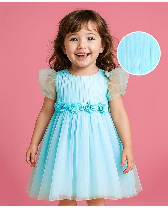 Babyhug Woven Half Puffed Fit & Flared Solid Colour Party Frock with Floral Applique - Light Blue