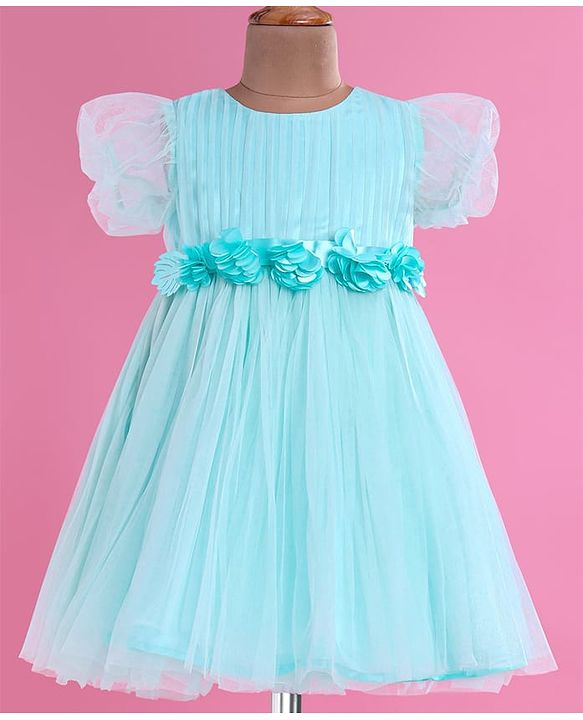 Babyhug Woven Half Puffed Fit & Flared Solid Colour Party Frock with Floral Applique - Light Blue