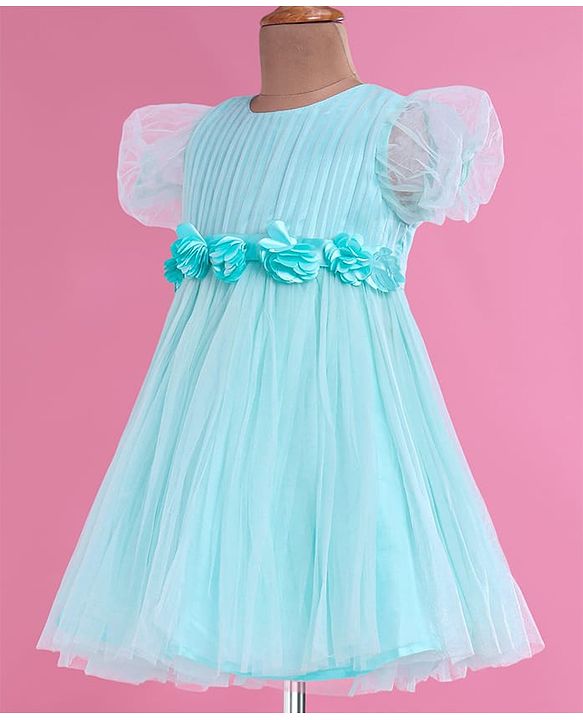 Babyhug Woven Half Puffed Fit & Flared Solid Colour Party Frock with Floral Applique - Light Blue