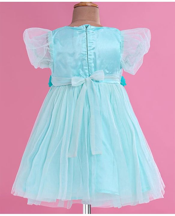 Babyhug Woven Half Puffed Fit & Flared Solid Colour Party Frock with Floral Applique - Light Blue