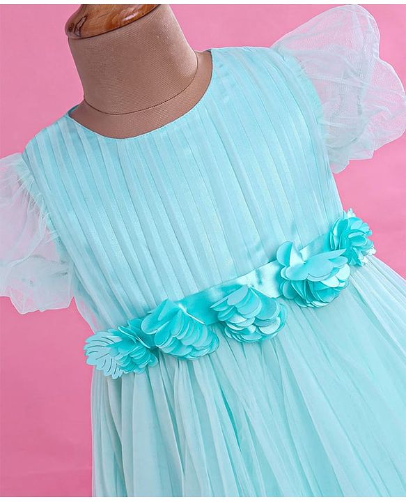 Babyhug Woven Half Puffed Fit & Flared Solid Colour Party Frock with Floral Applique - Light Blue