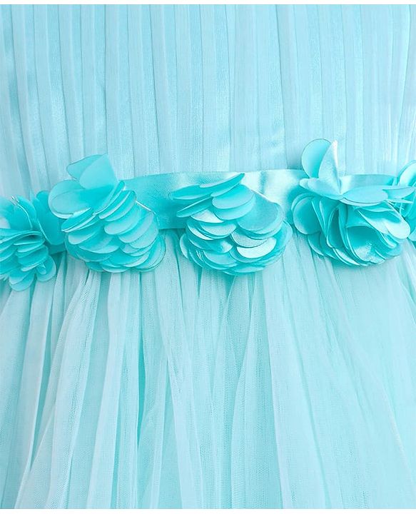 Babyhug Woven Half Puffed Fit & Flared Solid Colour Party Frock with Floral Applique - Light Blue