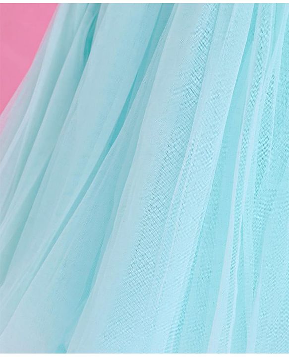 Babyhug Woven Half Puffed Fit & Flared Solid Colour Party Frock with Floral Applique - Light Blue