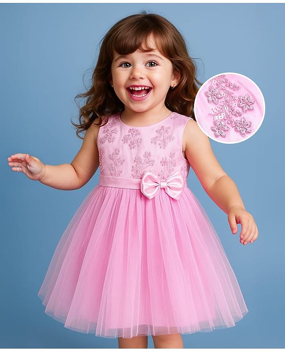 Babyhug Woven Sleeveless Fit & Flared Party Frock with Floral Embroidery & Floral  Applique - Pink