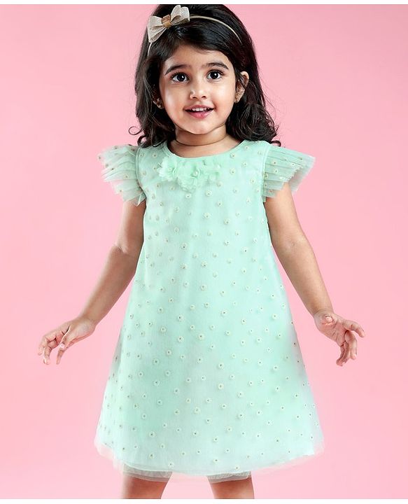 Babyhug Sleeveless Party Frock with Sequin Detailing & Floral Applique - Mint