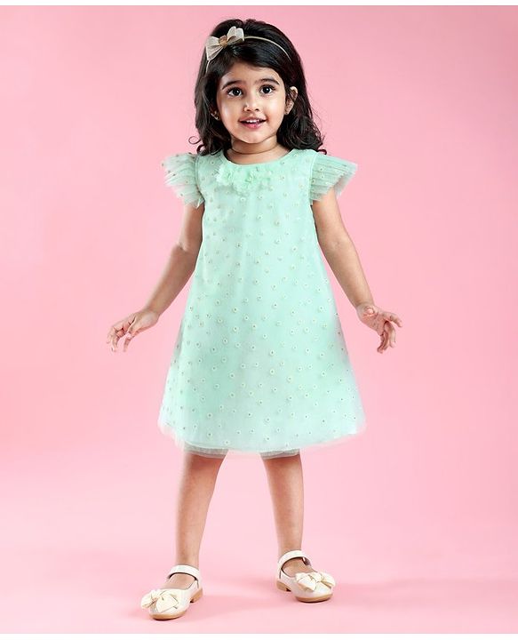 Babyhug Sleeveless Party Frock with Sequin Detailing & Floral Applique - Mint