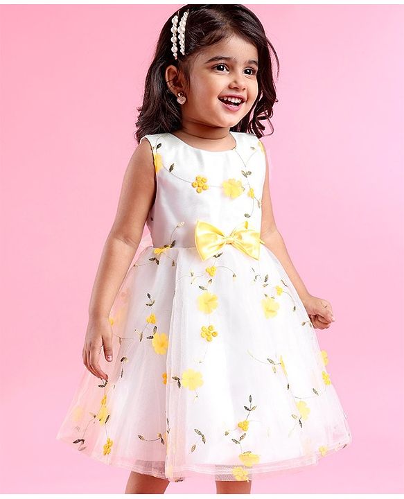 Babyhug Woven Sleeveless Fit and Flare Party Frock with 3D Floral Applique - Off- White