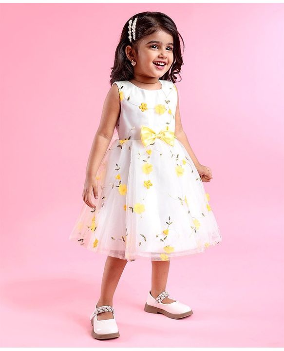 Babyhug Woven Sleeveless Fit and Flare Party Frock with 3D Floral Applique - Off- White