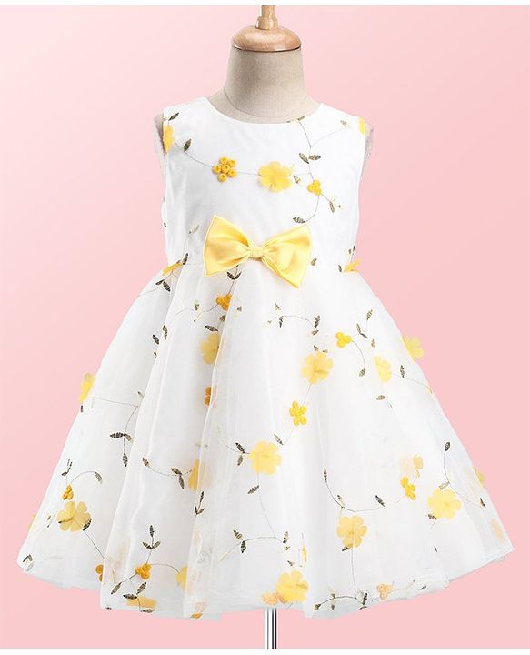 Babyhug Woven Sleeveless Fit and Flare Party Frock with 3D Floral Applique - Off- White