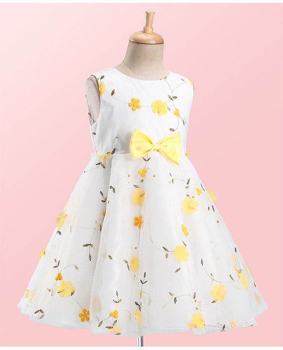 Babyhug Woven Sleeveless Fit and Flare Party Frock with 3D Floral Applique - Off- White