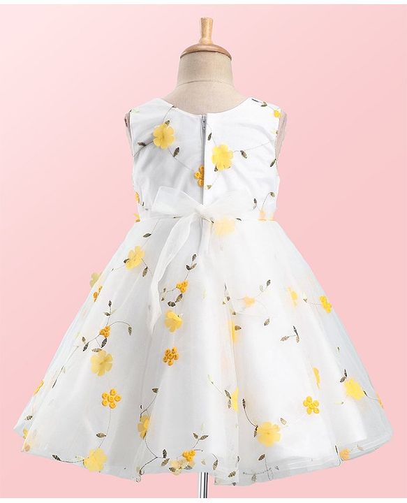 Babyhug Woven Sleeveless Fit and Flare Party Frock with 3D Floral Applique - Off- White