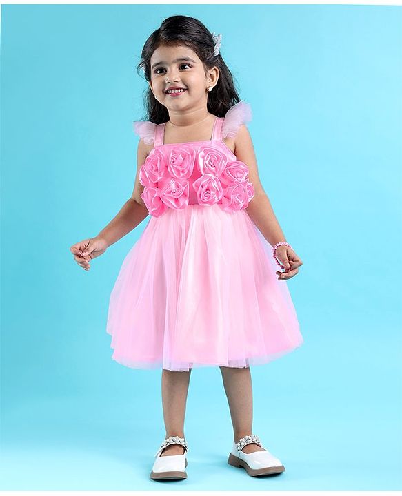 Babyhug Sleeveless Party Wear Fit And Flare Ruffle Dress With Corsage - Pink