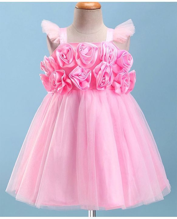 Babyhug Sleeveless Party Wear Fit And Flare Ruffle Dress With Corsage - Pink