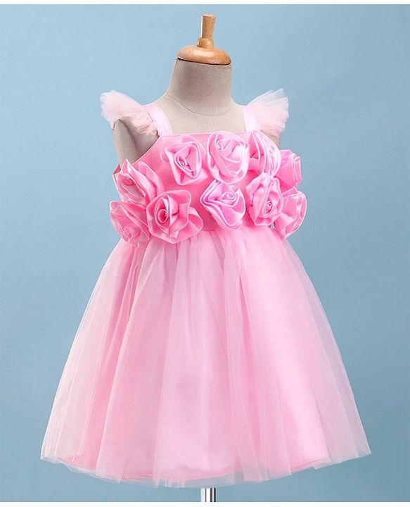 Babyhug Sleeveless Party Wear Fit And Flare Ruffle Dress With Corsage - Pink