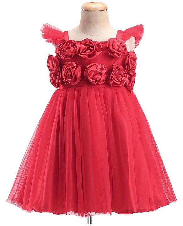Babyhug Woven Sleeveless Fit and Flare Ruffle Party Dress with Floral Corsage - Red