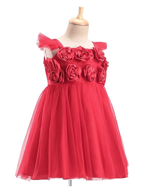 Babyhug Woven Sleeveless Fit and Flare Ruffle Party Dress with Floral Corsage - Red