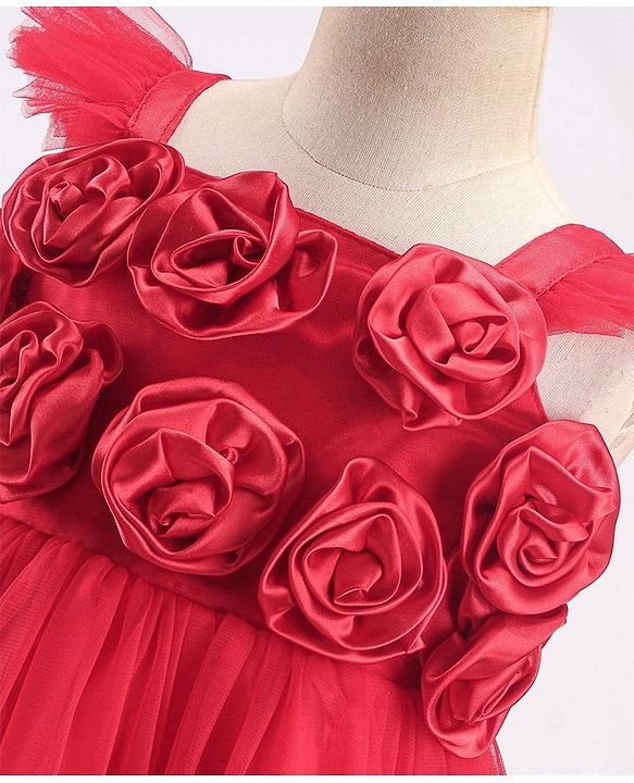 Babyhug Woven Sleeveless Fit and Flare Ruffle Party Dress with Floral Corsage - Red