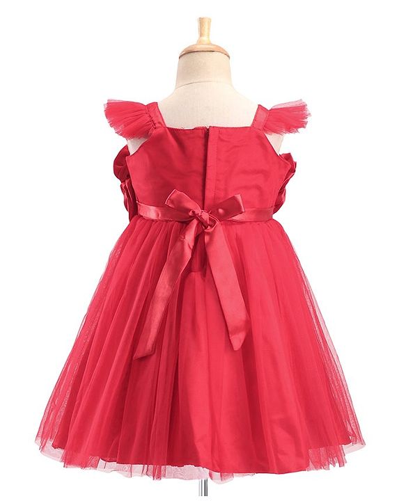 Babyhug Woven Sleeveless Fit and Flare Ruffle Party Dress with Floral Corsage - Red