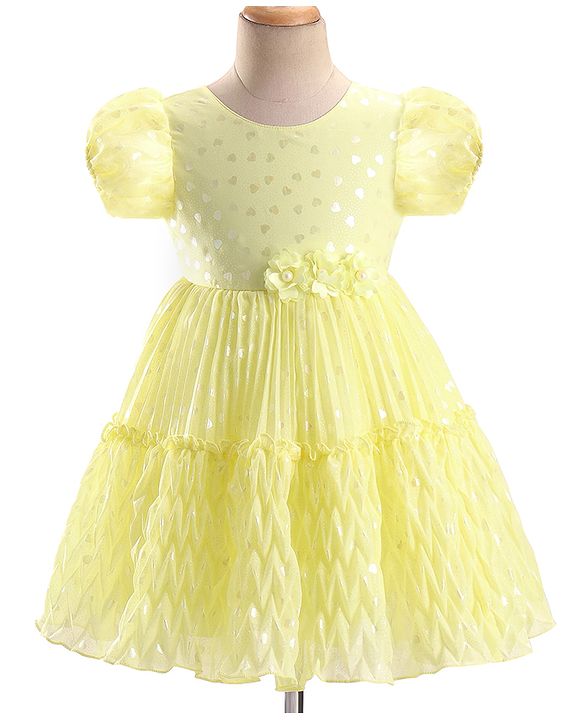 Babyhug Puffed Sleeves Fit And Flare Party Wear  Frock  With Froral Applique- Yellow