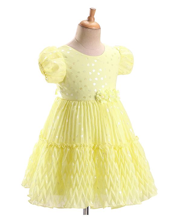 Babyhug Puffed Sleeves Fit And Flare Party Wear  Frock  With Froral Applique- Yellow