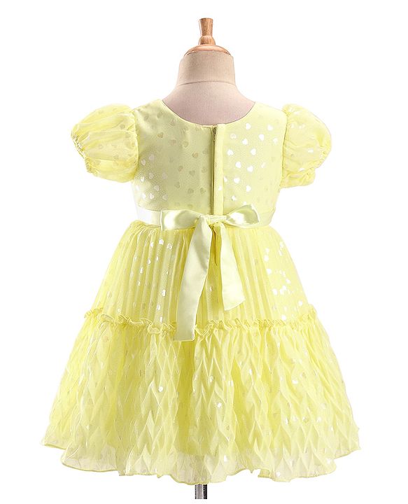 Babyhug Puffed Sleeves Fit And Flare Party Wear  Frock  With Froral Applique- Yellow