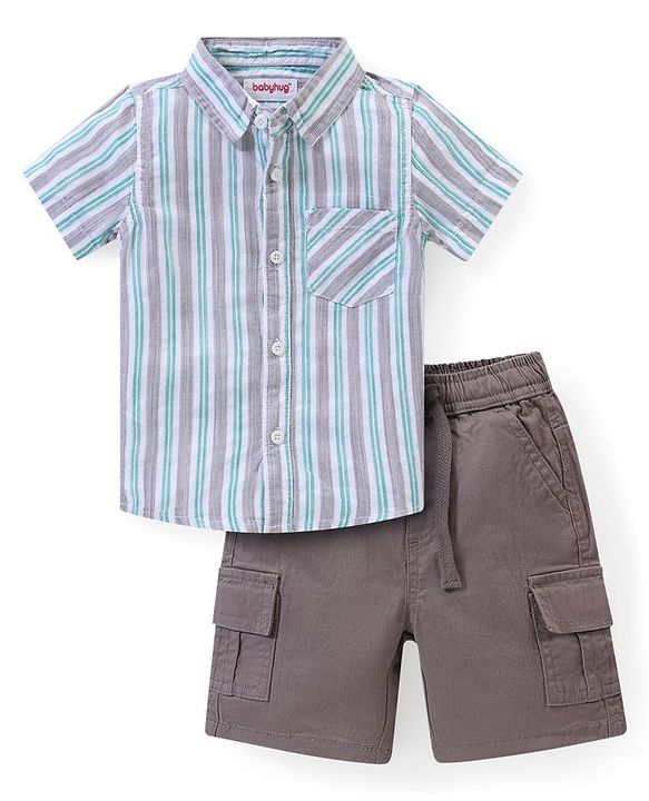 Babyhug 100% Cotton Knit Half Sleeves Striped Shirt & Shorts Set - Grey