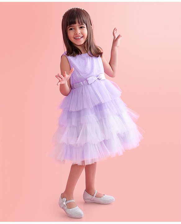 Babyhug Woven Sleeveless Layered Party Wear Tiered Dress with Bow Applique - Lavender