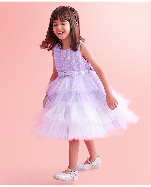Babyhug Woven Sleeveless Layered Party Wear Tiered Dress with Bow Applique - Lavender