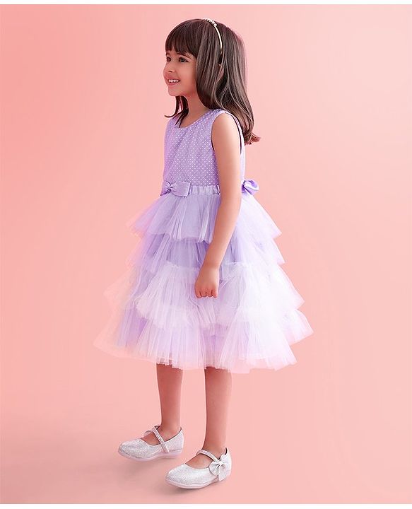 Babyhug Woven Sleeveless Layered Party Wear Tiered Dress with Bow Applique - Lavender