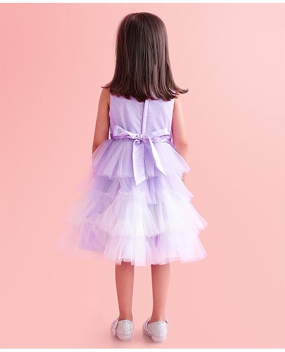Babyhug Woven Sleeveless Layered Party Wear Tiered Dress with Bow Applique - Lavender