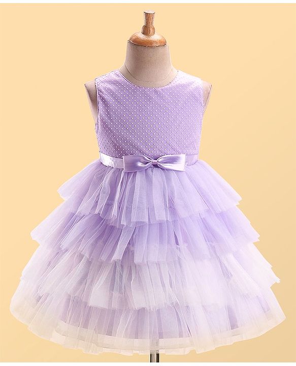 Babyhug Woven Sleeveless Layered Party Wear Tiered Dress with Bow Applique - Lavender