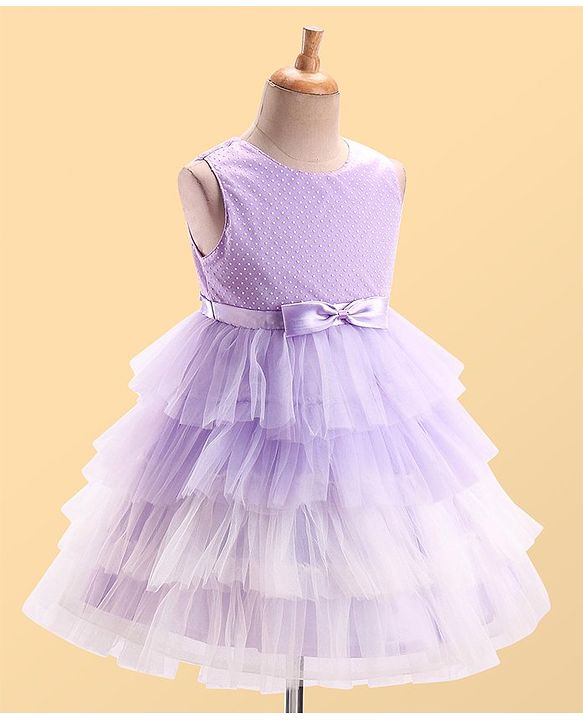 Babyhug Woven Sleeveless Layered Party Wear Tiered Dress with Bow Applique - Lavender