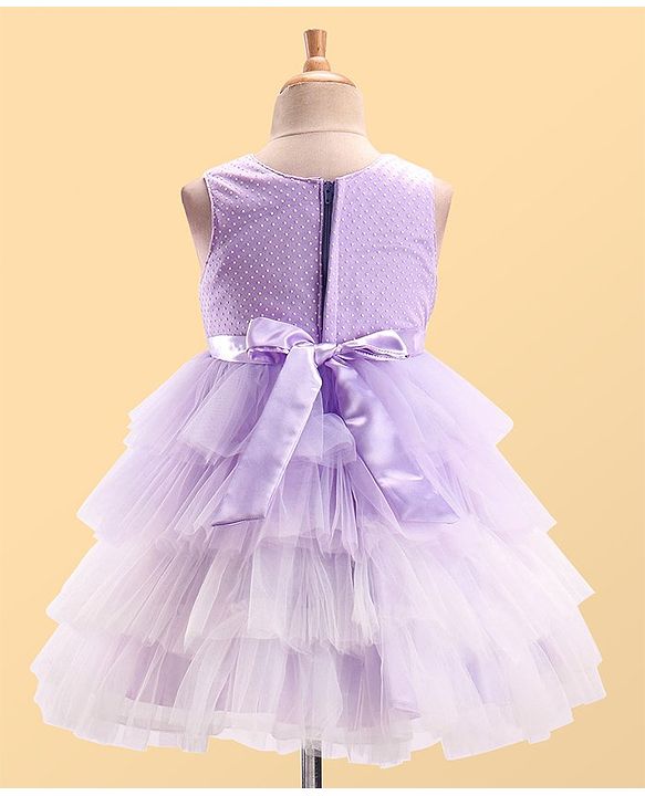 Babyhug Woven Sleeveless Layered Party Wear Tiered Dress with Bow Applique - Lavender