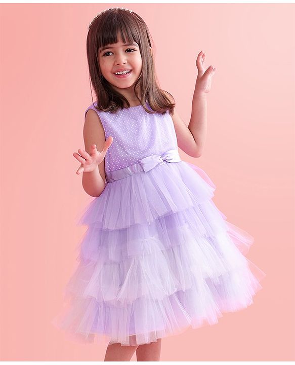 Babyhug Woven Sleeveless Layered Party Wear Tiered Dress with Bow Applique - Lavender