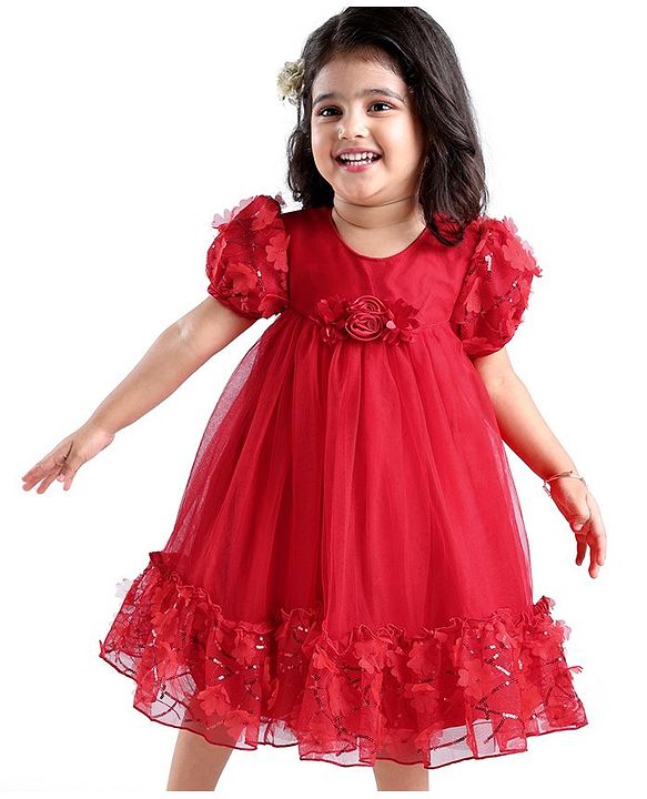 Babyhug Woven Puff Sleeves Fit and Flare Party Frock with Floral Corsage & Sequins - Red