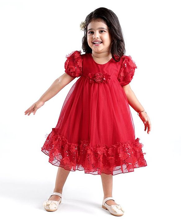 Babyhug Woven Puff Sleeves Fit and Flare Party Frock with Floral Corsage & Sequins - Red