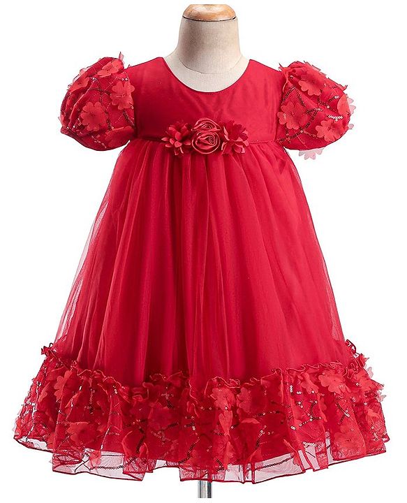 Babyhug Woven Puff Sleeves Fit and Flare Party Frock with Floral Corsage & Sequins - Red