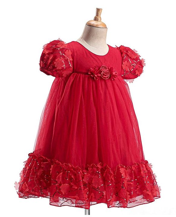 Babyhug Woven Puff Sleeves Fit and Flare Party Frock with Floral Corsage & Sequins - Red