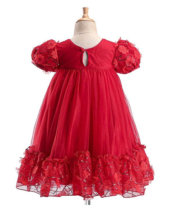 Babyhug Woven Puff Sleeves Fit and Flare Party Frock with Floral Corsage & Sequins - Red